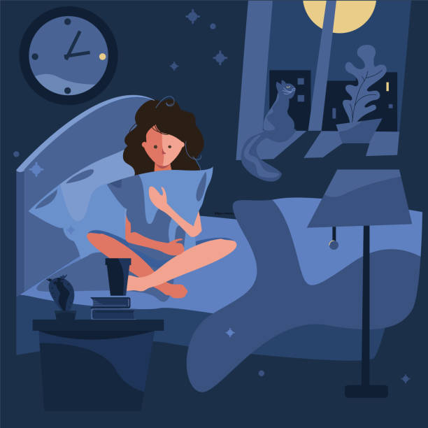 insomnia. problem of sleeping. the girl is holding a pillow. sleeping pills insomnia. problem of sleeping. the girl is holding a pillow. sleeping pills and a glass of water. hours and midnight. night shadows and blue background. not to fall asleep. the light of the moon insomnia illustrations stock illustrations