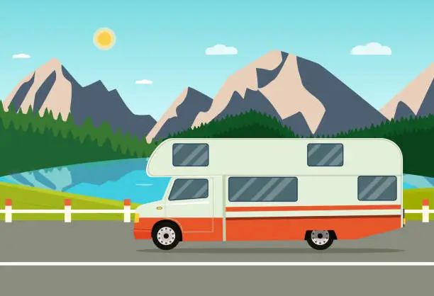 Vector illustration of Retro camper car trailers caravan isolated. Summer landscape with forest, mountains and laker. Vector flat style illustration