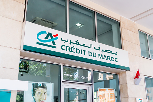 Marrakech, Morocco - June 5, 2018: Logo and sign of Credit du Maroc Bank.