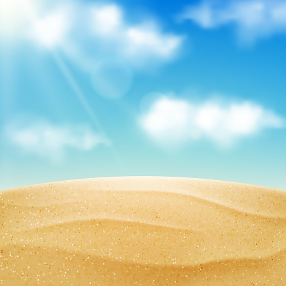 Vector realistic beach landscape. Yellow sand desert and blue sky with clouds. Summer vacation background.
