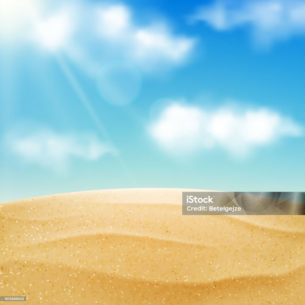 Vector realistic beach landscape. Yellow sand desert and blue sky with clouds. Summer vacation background Vector realistic beach landscape. Yellow sand desert and blue sky with clouds. Summer vacation background. Beach stock vector