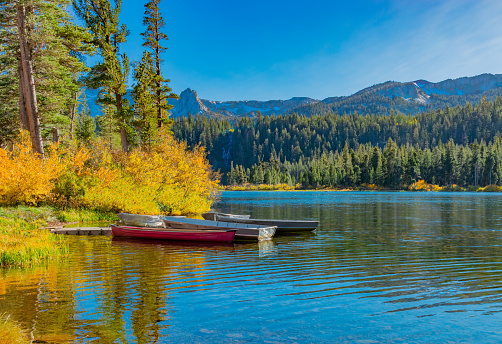 Sierra Nevada Mountains,  Sierra Nevada Range,  Fall colors, Eastern Sierra's Fall, Fall with water, lake with boats, red canoe on lake, Crystal Crag, Twin Lakes - Mammoth Lakes