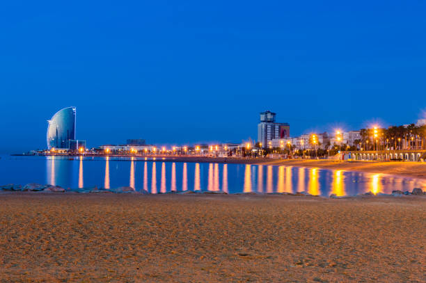 Barcelona, Spain - June 8, 2018: Beach in Barcelona at night.