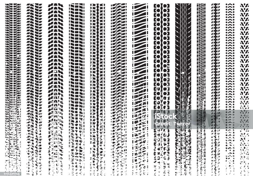 Tire tracks of various vehicles black rubber tracks on white background Tire - Vehicle Part stock vector