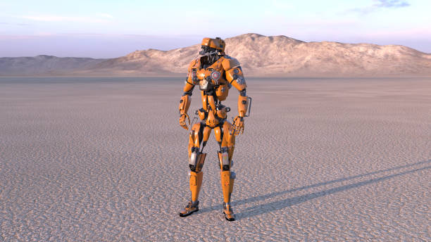 Cyborg worker, humanoid robot in desert with mountains in the background, mechanical android, 3D rendering