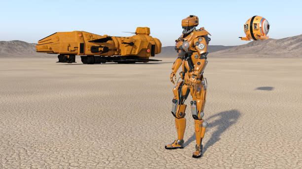 istock Cyborg worker with spaceship and drone, humanoid robot with spacecraft exploring deserted planet, mechanical android, 3D render 1013358670