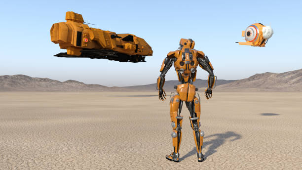 istock Cyborg worker with drone looking at flying spaceship, humanoid robot with spacecraft exploring deserted planet, mechanical android, 3D render 1013358684