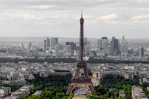 Aerial view of the Eifel Tower in  Paris, the capital of France