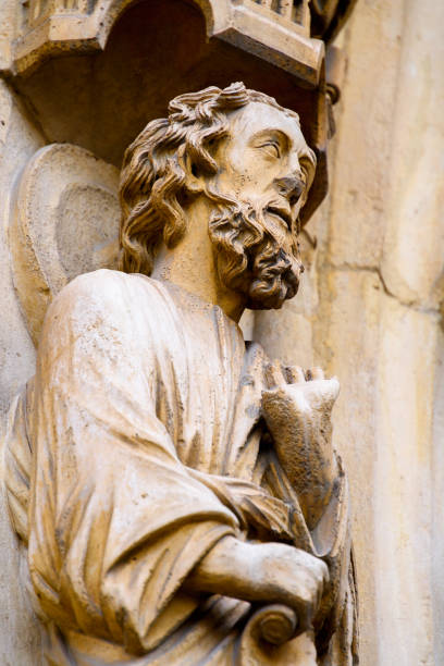 Close up of the statues at the Notre-Dame de Paris, a medieval Catholic cathedral of Paris, France