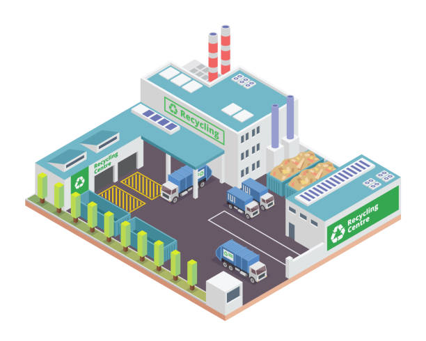ilustrações, clipart, desenhos animados e ícones de construção de fábrica de reciclar moderno isométrico verde com painel solar energia ilustração - central de energia solar
