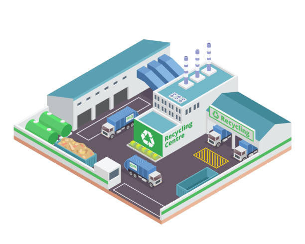 ilustrações, clipart, desenhos animados e ícones de construção de fábrica de reciclar moderno isométrico verde com painel solar energia ilustração - central de energia solar