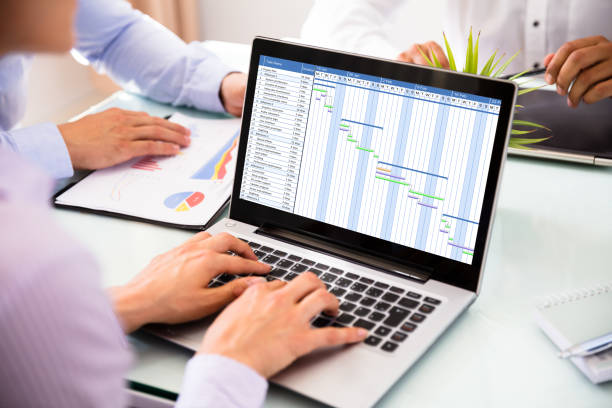 istock Businesswoman Analyzing Gantt Chart On Laptop 1013419398