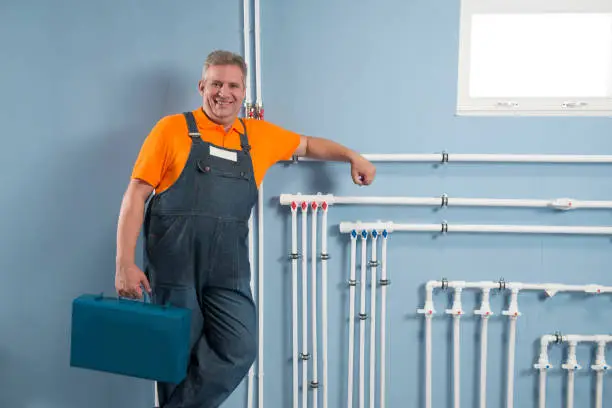 An experienced, charming and cheerful plumber is ready for repair. You can see that your plumbing will be fine.