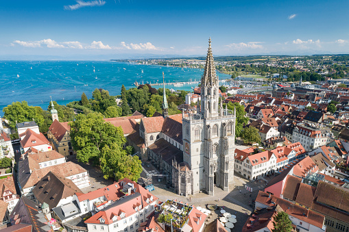 Aerial of the famous Konstanzer Münster oder Münster Unserer Lieben Frau a Basilica minor in Konstanz at the Bodensee, Lake Constance