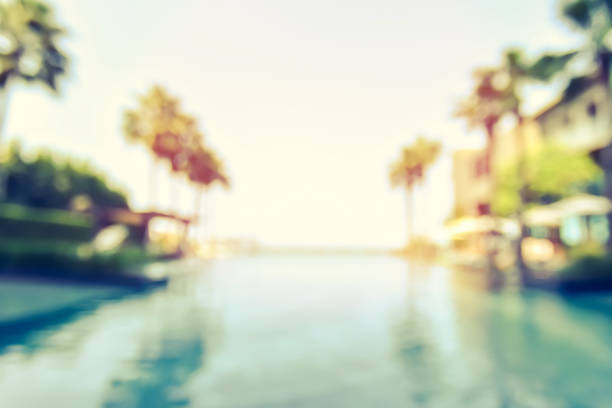 istock Blur summer background for resort hotel pool party with blue cool sky and tropical palm tree 1013458024