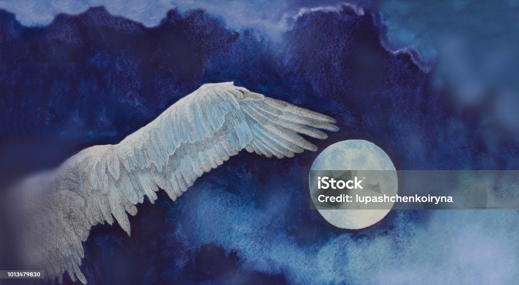 Fashionable illustration of a work of art landscape painting impressionism watercolor full moon flying free bird Fashionable illustration of a work of art landscape painting impressionism watercolor full moon flying free bird on a background of a night blue sky with dark clouds Painting - Activity stock illustration