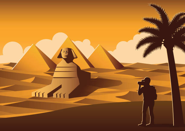 illustrazioni stock, clip art, cartoni animati e icone di tendenza di turista scattare foto di luogo famoso chiamato piramide, punto di riferimento dell'egitto all'ora del tramonto, stile colore giallo - egypt cairo pyramid sunset