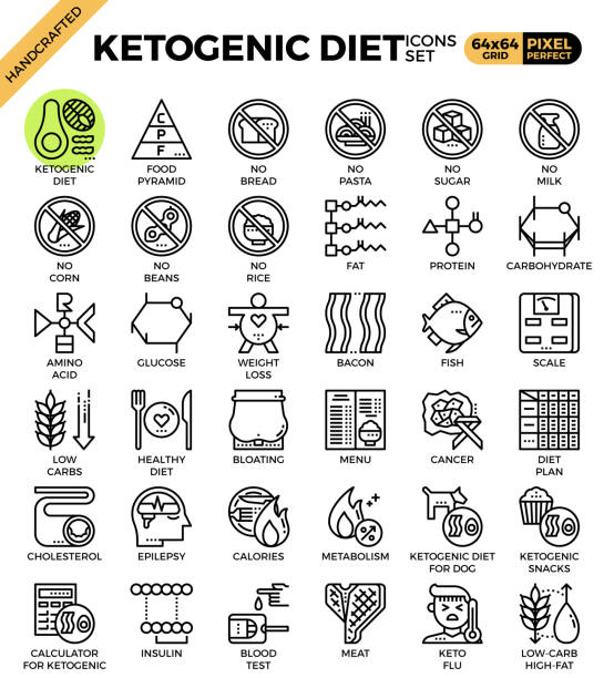 illustrazioni stock, clip art, cartoni animati e icone di tendenza di icone concettuali della dieta chetogenica - cane sugar