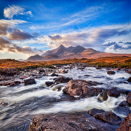 The Cuillin range and River Sligachan, Skye,Highlands, Scotland, UK.