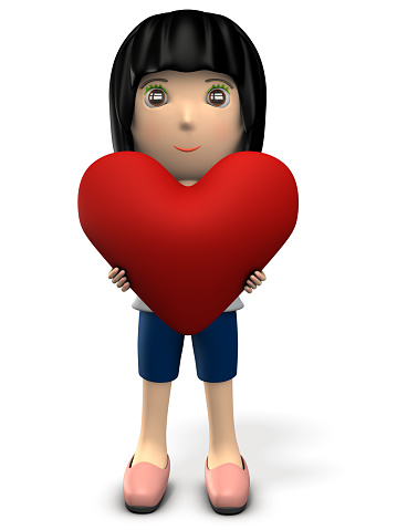 A cute woman holding a big heart.  3D illustration
