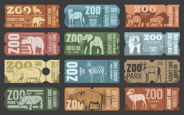 Zoo park tickets with african and forest animals Zoo tickets template design with african and forest animal. Retro grunge admit one card or coupon with african safari lion, elephant and giraffe, bear, zebra and rhino, hippo, antelope and bison zoo stock illustrations