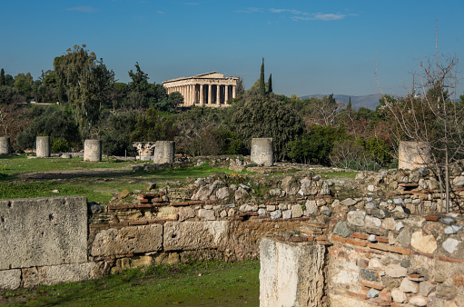 Ruins of Ancient Agora with Temple of Hephaestus at background. Athens, Greece