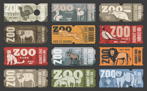 stockillustraties, clipart, cartoons en iconen met vector tickets van park dierentuindieren en vogels - zoo