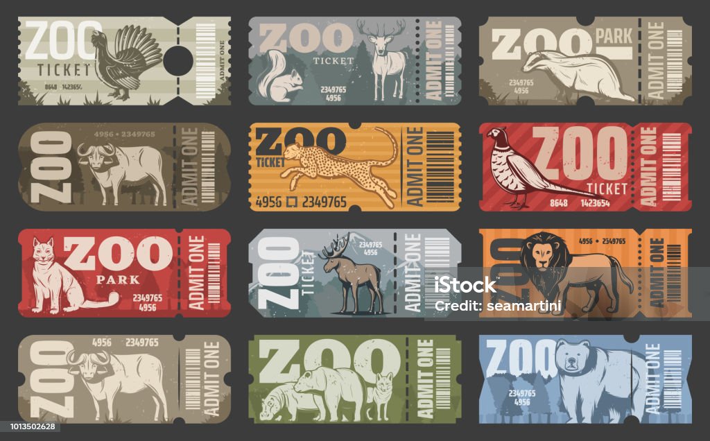 Vector tickets of zoo park animals and birds Zoo tickets for zoological park admit with wild animals. Vector vintage design of African lion, hippopotamus or puma and bear, elk or buffalo with wolf or fox and squirrel Zoo stock vector