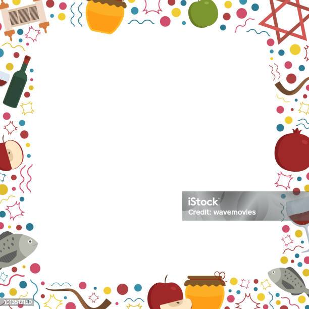 Frame With Rosh Hashanah Holiday Flat Design Icons Stock Illustration - Download Image Now - Apple - Fruit, Art, Border - Frame