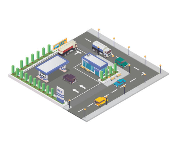 ilustrações de stock, clip art, desenhos animados e ícones de isolated isometric gas station illustration - isometric gas station transportation car