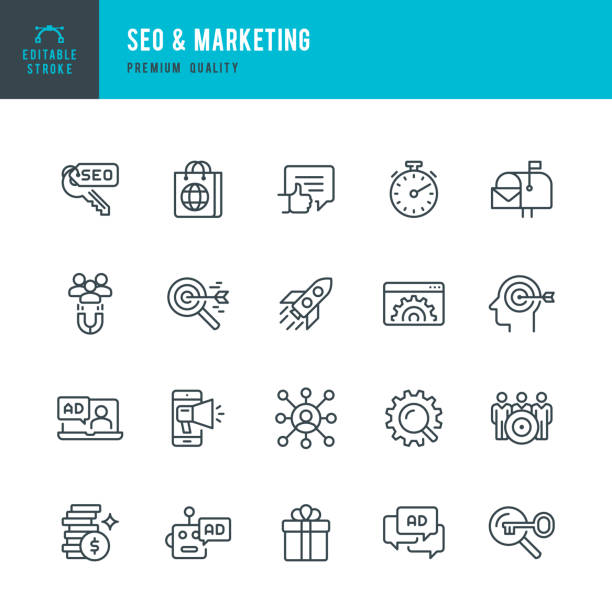 SEO & Marketing - set of line vector icons Set of SEO & Marketing thin line vector icons magnifying glass book stock illustrations