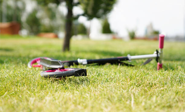 istock Single pink scooter for girl lying on green grass. 1013533342
