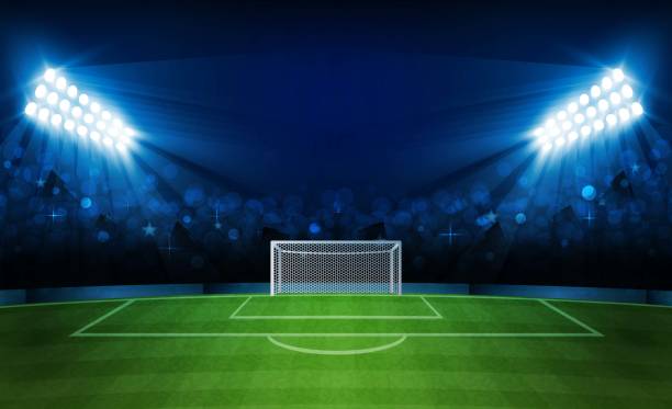 istock Football arena field with bright stadium lights vector design. Vector illumination 1013536342