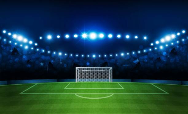 istock Football arena field with bright stadium lights vector design. Vector illumination 1013537144