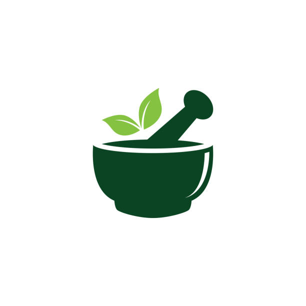 mortar и пестик аптеки природы травяные здоровья логотип дизайн вектор шаблон - alternative medicine mortar and pestle herbal medicine herb stock illustrations