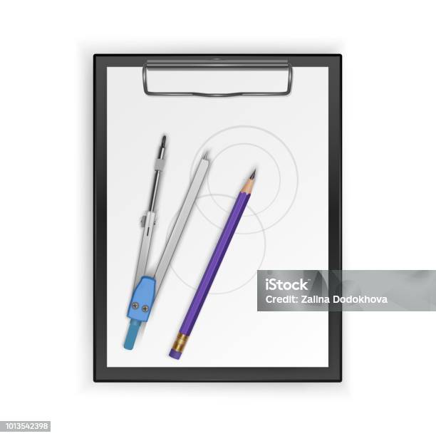 Drawing Tool Kit Compass Pencil On Clipboard Drawing Tools Vector Illustration Stock Illustration - Download Image Now