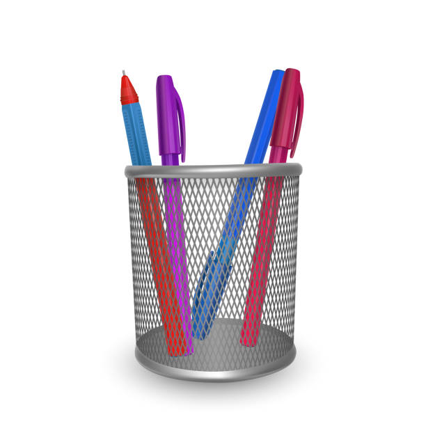 istock Realistic colorful pens, office and stationery in the basket on white background, vector illustration 1013542652