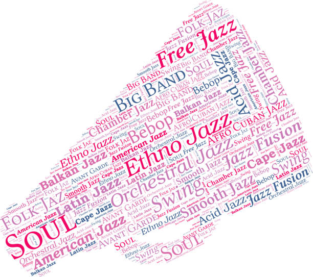 illustrazioni stock, clip art, cartoni animati e icone di tendenza di megaphone a forma di jazz concetto vector word cloud - jazz latino