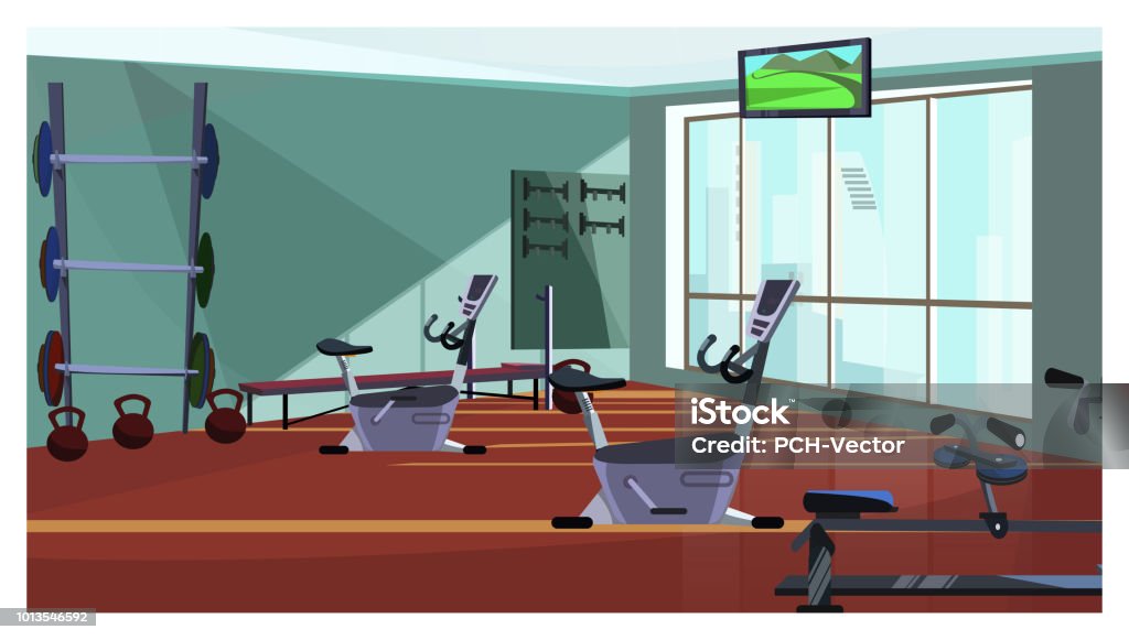 Modern health club with exercising equipment vector illustration Modern health club with exercising equipment vector illustration. Gym with fitness equipment and weights, television set hanging on ceiling. Body conscious concept Gym stock vector