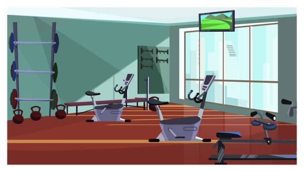 Modern health club with exercising equipment vector illustration Modern health club with exercising equipment vector illustration. Gym with fitness equipment and weights, television set hanging on ceiling. Body conscious concept exercise room stock illustrations