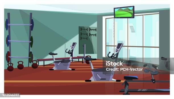 Modern Health Club With Exercising Equipment Vector Illustration Stock Illustration - Download Image Now