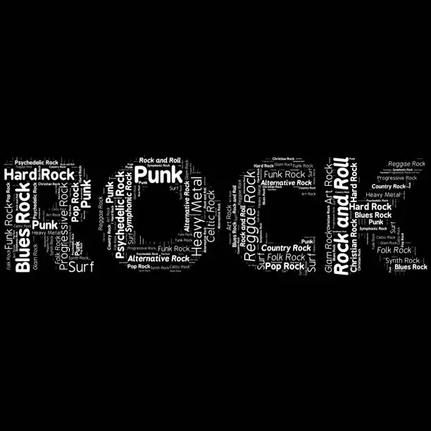 Vector illustration of Rock Genres, tag cloud with the word of rock