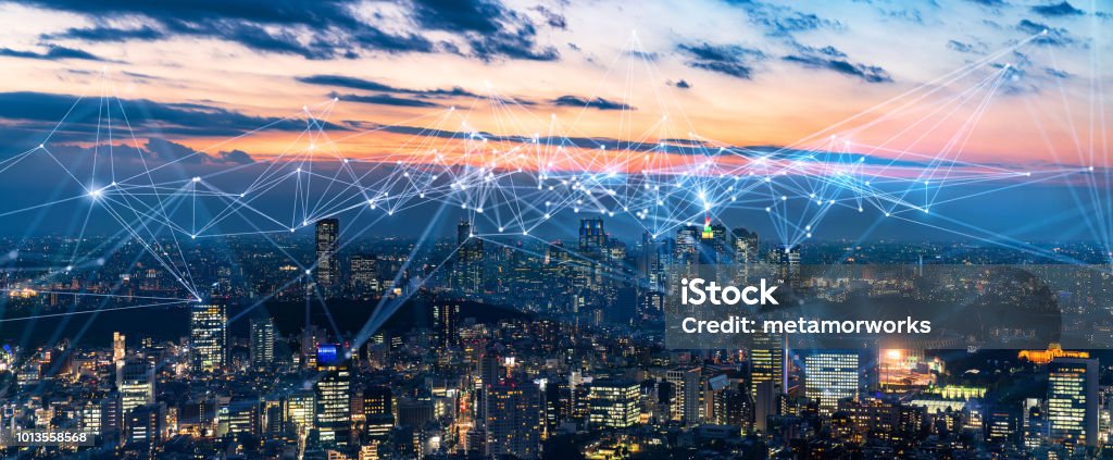 Smart city and communication network concept. IoT(Internet of Things). ICT(Information Communication Network). Smart City Stock Photo