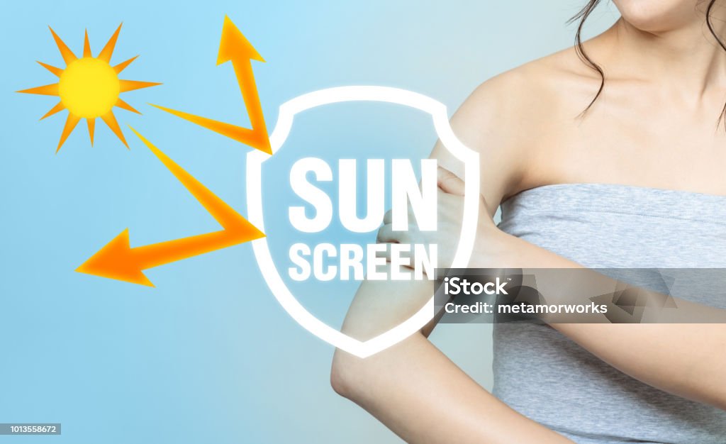 beautiful girl and sunscreen, UV protection. Adult Stock Photo
