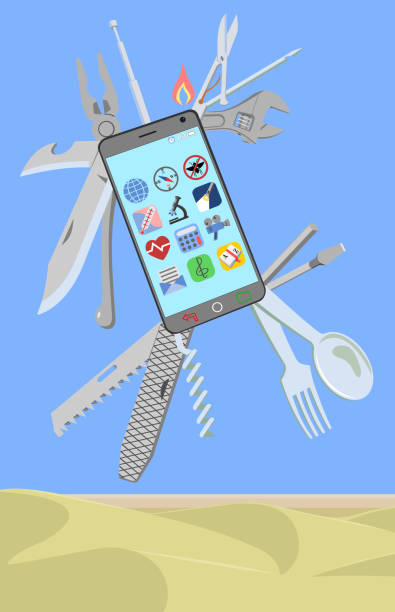 ilustrações de stock, clip art, desenhos animados e ícones de universal smartphone in desert. - fork wrench