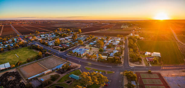 Aerial panorama of Monash - small town in South Australia at sunset stock photo