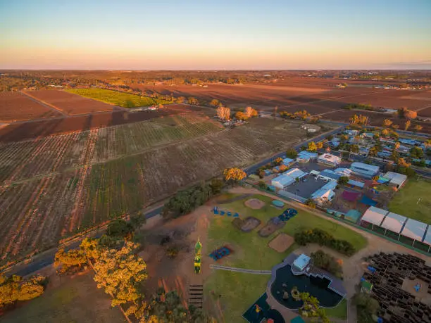 Aerial view of Monash adventure park and farmland in Riverland, South Australia