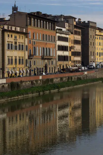 FLORENCE, ITALY - NOVEMBER 25 2015: Building reflection of Arnoriver in Florence, Italy