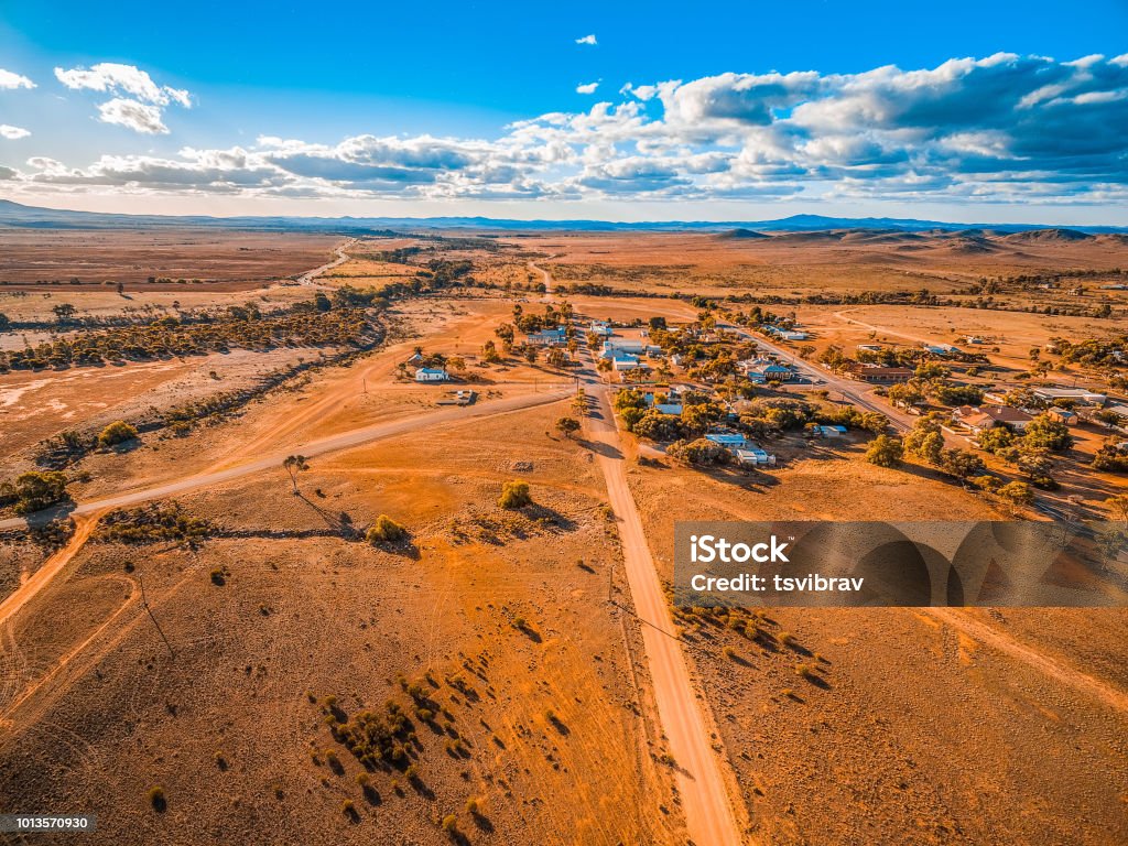 Aerial view of a small town in vast plains of South Australian outback Australia Stock Photo