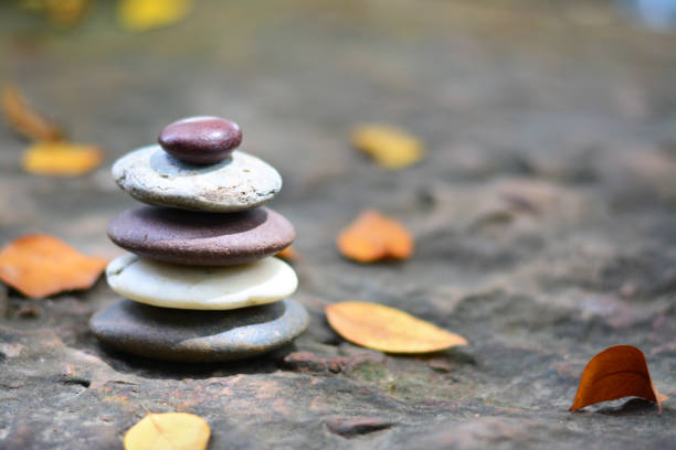 istock Zen stones and fallen leaves on rock right space position. 1013574122